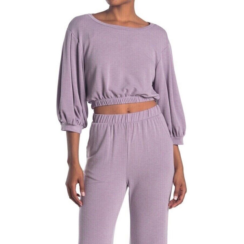 Know One Cares Women's Terry Puff long Sleeve Crop Top Lavender Purple Size L